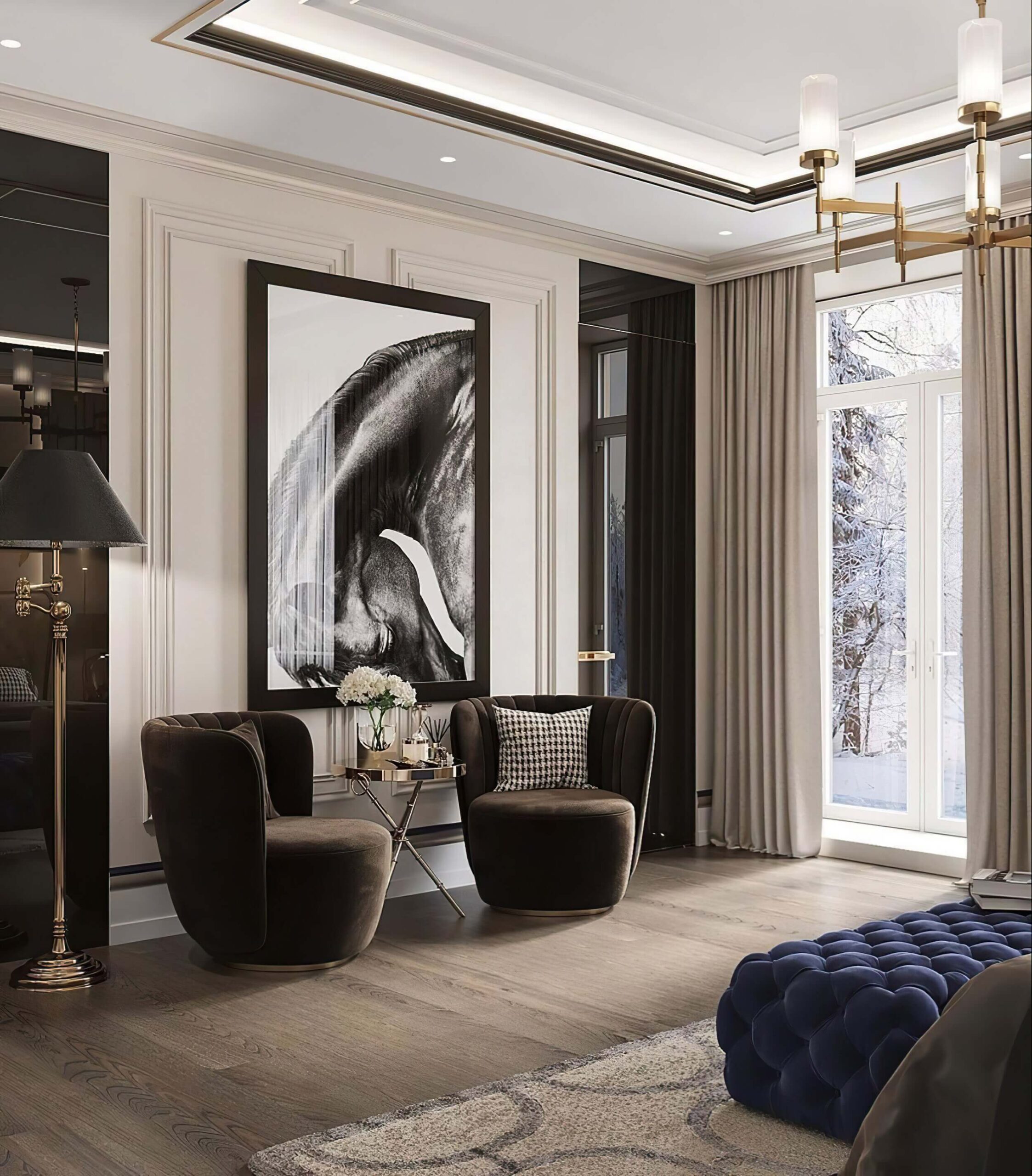 Sala de estar com quadro de baleia na parede